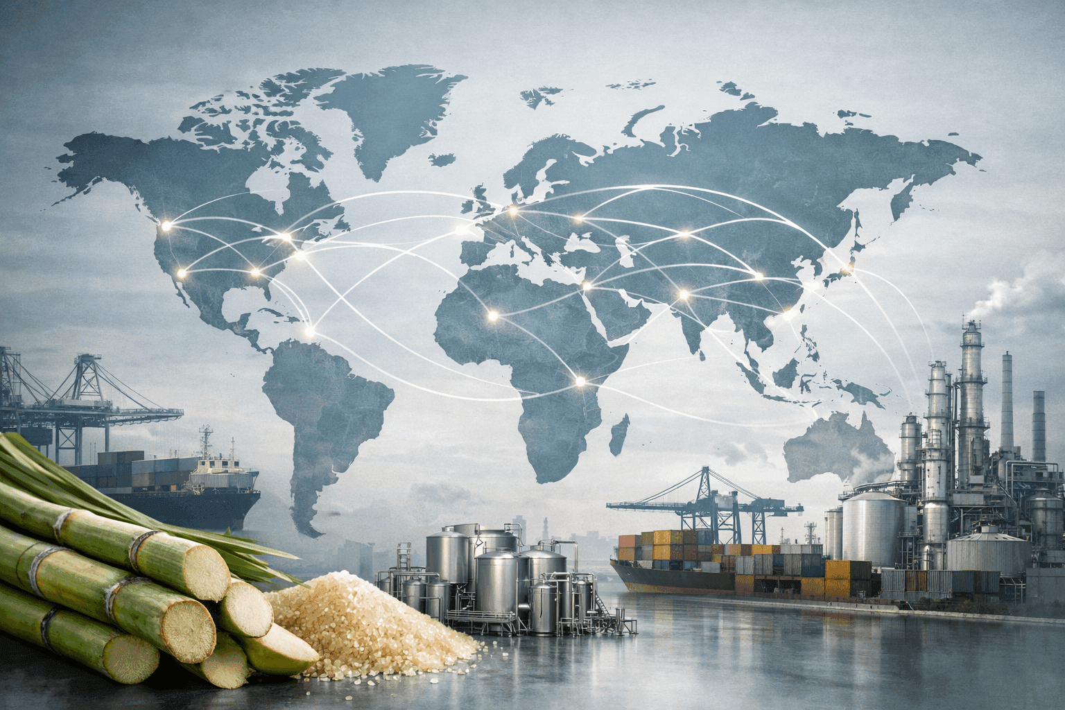 Global sugar trade network showing sugar cane, raw sugar, industrial processing, and international shipping routes